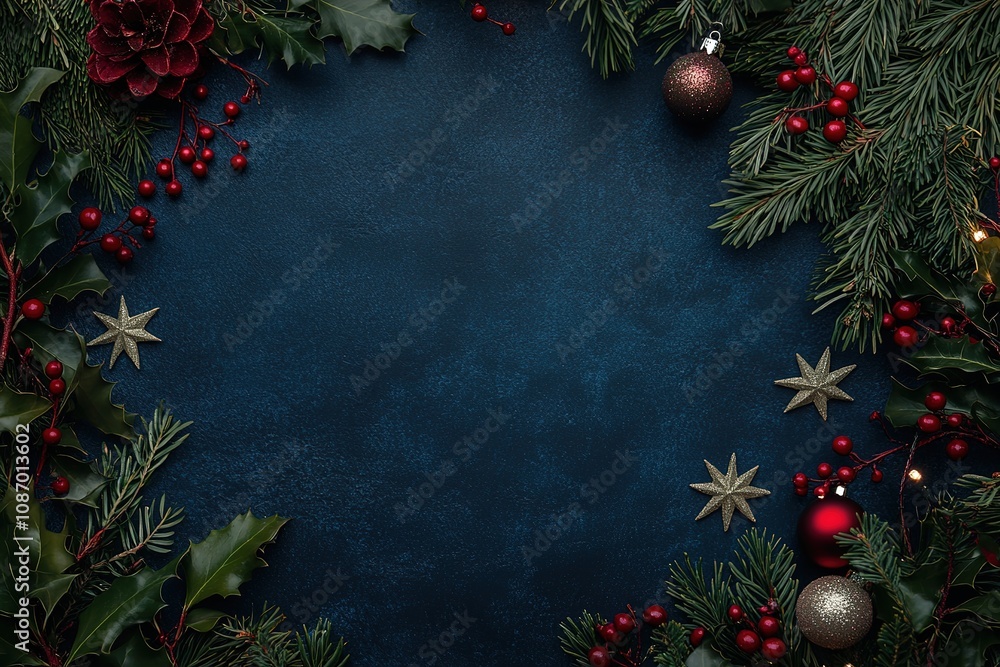 Christmas-themed background with holly berries and greenery, a dark blue background, twinkling star lights, a red color palette, a dark blue background, gold stars, green leaves, a blue sky Christmas-themed background with holly berries and greenery, a dark blue background, twinkling star lights, a red color palette, a dark blue background, gold stars, green leaves, a blue sky