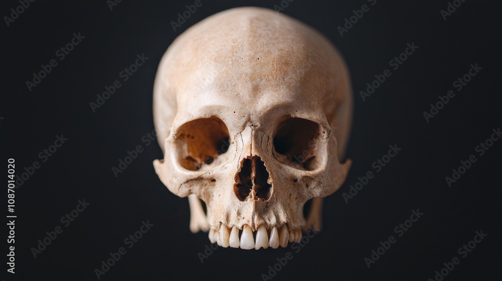 Human skull displayed prominently against a black backdrop, highlighting intricate details and textures of the bone structure in a closeup perspective. Human skull displayed prominently against a black backdrop, highlighting intricate details and textures of the bone structure in a closeup perspective.