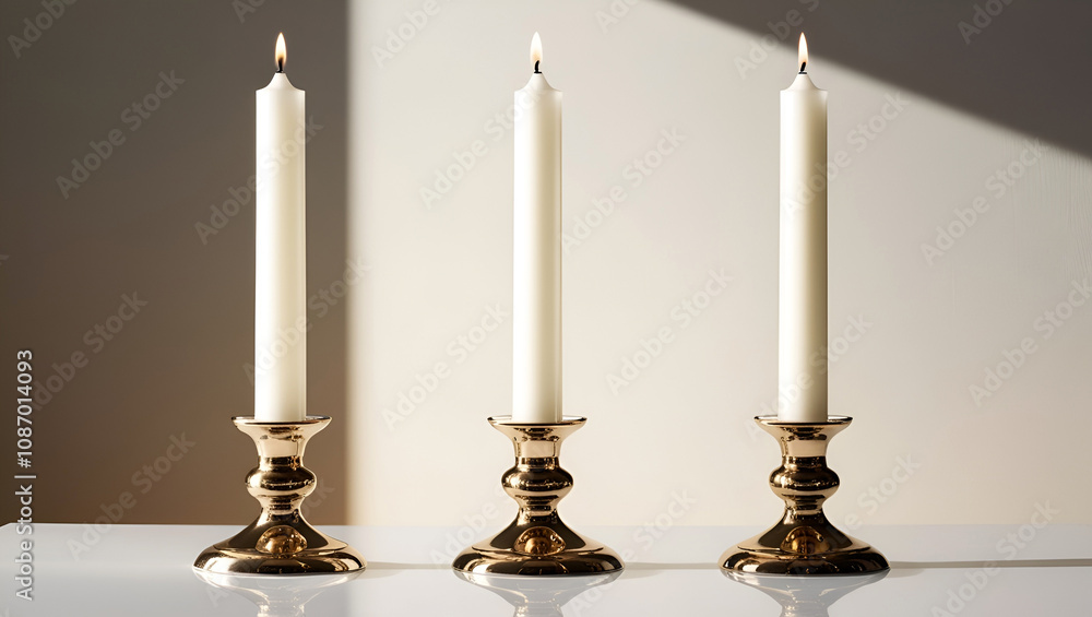 Three slender white candles set on ornate gold candlesticks sit on a table. Three slender white candles set on ornate gold candlesticks sit on a table.