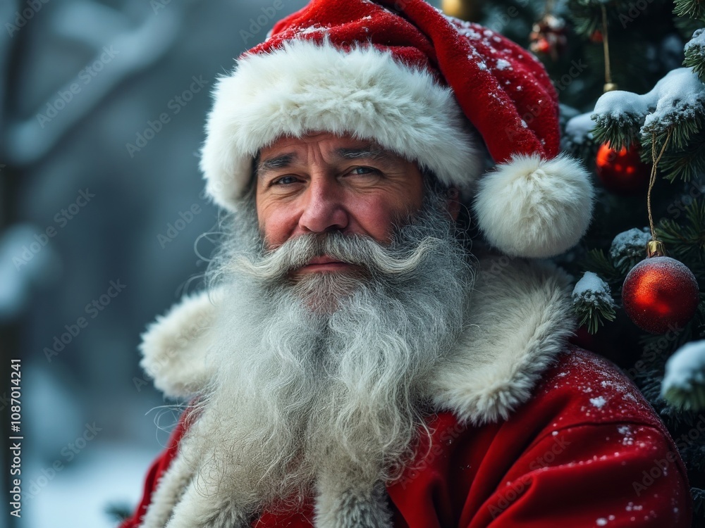 Santa Claus in a snowy outdoor setting, standing by a decorated Christmas tree adorned with red ornaments, exuding a warm festive vibe Santa Claus in a snowy outdoor setting, standing by a decorated Christmas tree adorned with red ornaments, exuding a warm festive vibe