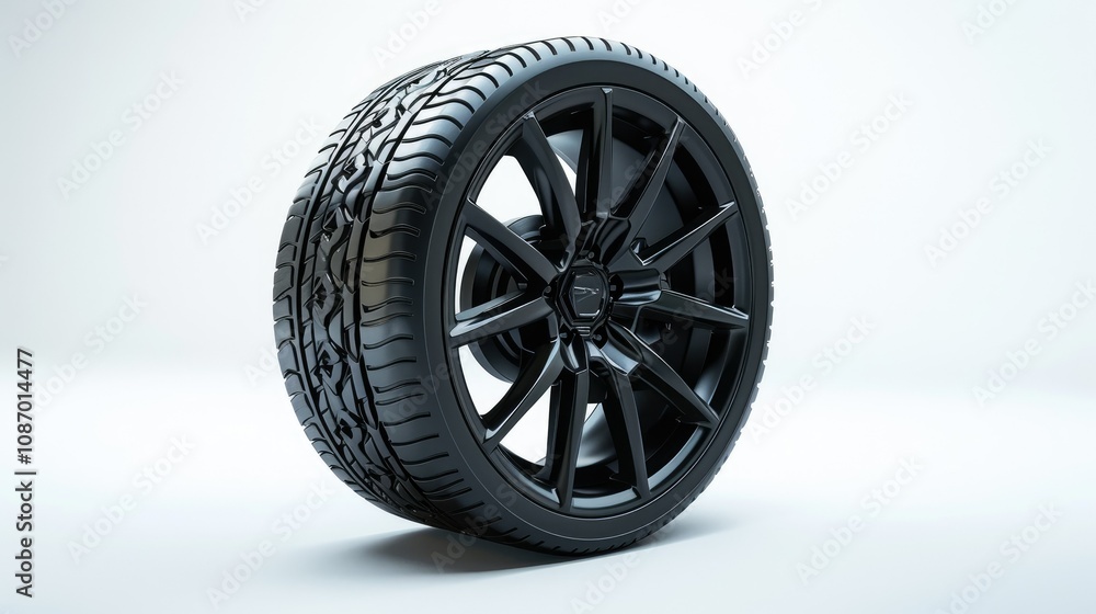 Closeup of a black tire with a black alloy wheel. The tire is brand new with deep tread and the wheel has a multi-spoke design. Closeup of a black tire with a black alloy wheel. The tire is brand new with deep tread and the wheel has a multi-spoke design.