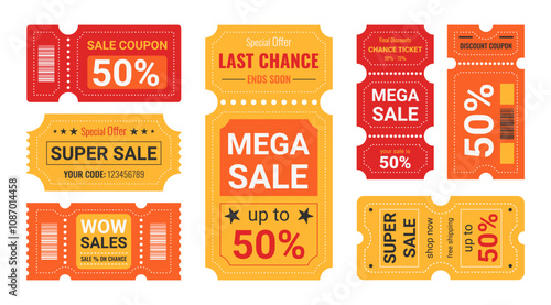 Sales and discounts coupons and tickets, sale's chance stickers. Business labels. Vector illustration, design graphic elements for shops and markets.