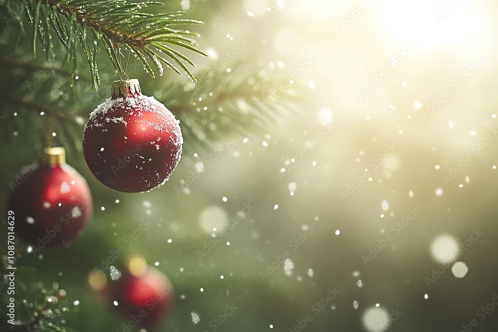 Close-up of a Christmas tree with red ornaments and falling snow, with a blurred background of a city street decorated for the holidays, creating a festive atmosphere Close-up of a Christmas tree with red ornaments and falling snow, with a blurred background of a city street decorated for the holidays, creating a festive atmosphere