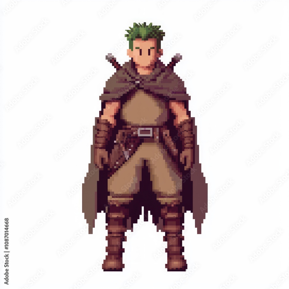 Pixel Art 8-Bit Style NPC Male Character Model of Cunning Rogue with Green Hair and Dagger on White Background Pixel Art 8-Bit Style NPC Male Character Model of Cunning Rogue with Green Hair and Dagger on White Background
