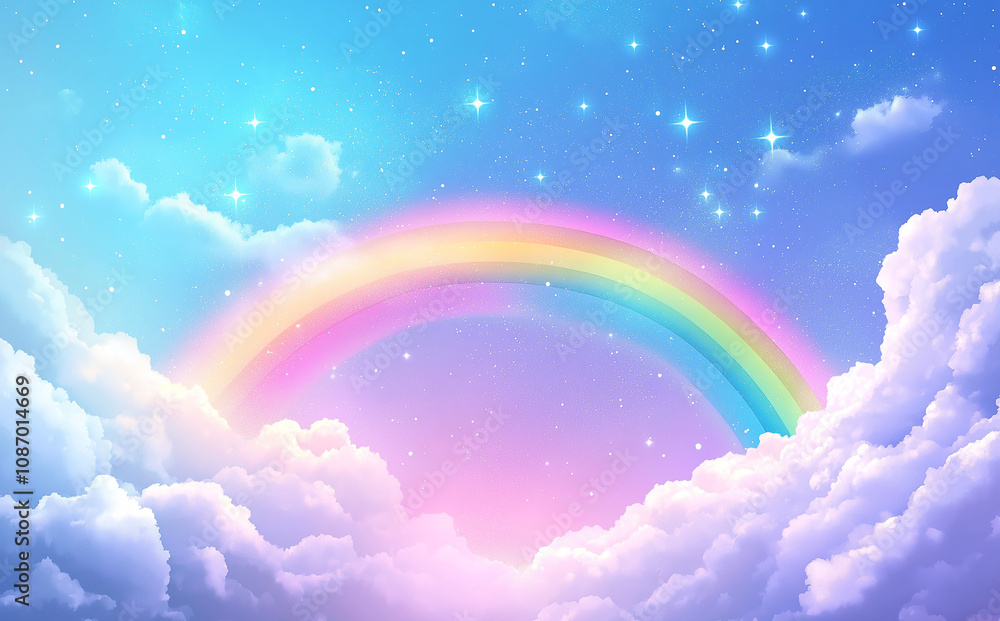 Colorful cartoon illustration of bright clouds in the night sky with stars, ethereal night sky, dreamy fantasy Colorful cartoon illustration of bright clouds in the night sky with stars, ethereal night sky, dreamy fantasy