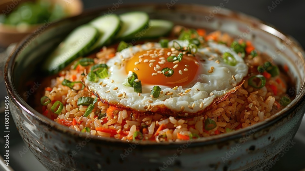 Close-up of a bowl of kimchi fried rice topped with a fried egg, cucumber slices, and sesame seeds. Close-up of a bowl of kimchi fried rice topped with a fried egg, cucumber slices, and sesame seeds.
