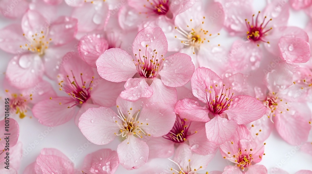 Pink cherry blossom petals with water drops on a white background. Pink cherry blossom petals with water drops on a white background.