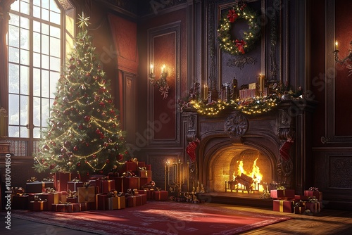 Wallpaper Mural A beautifully decorated Christmas tree surrounded by gifts, with warm lighting and an inviting fireplace in the background Torontodigital.ca