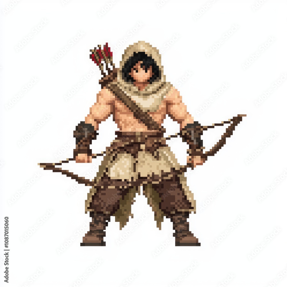 Pixelated Archer NPC Character Model in 8-Bit Style with Hooded Cloak and Bow on White Background Pixelated Archer NPC Character Model in 8-Bit Style with Hooded Cloak and Bow on White Background