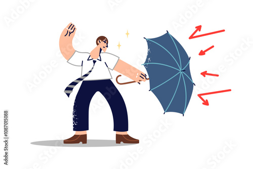 Challenge for business man using umbrella to ward off problems, that put company in danger