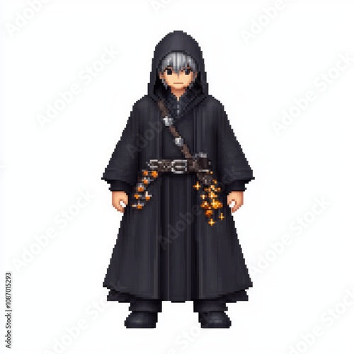 Pixelated 8-Bit Stealth Assassin NPC Male Character Model in Dark Robes and Hood with Throwing Stars and Hidden Blades on White Background photo