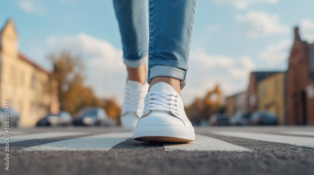 person walking in white sneakers on crosswalk, with blue jeans and vibrant background. scene conveys sense of movement and urban life. person walking in white sneakers on crosswalk, with blue jeans and vibrant background. scene conveys sense of movement and urban life.