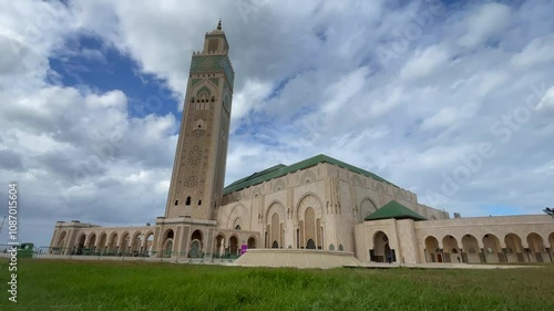 Low angle 4K video of The Hassan II Mosque largest mosque in Morocco.