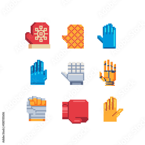 Glove pixel art style icons set, sport red boxing and medical latex glove. Fist with bandage. 8-bit sprite. Isolated abstract vector illustration. 