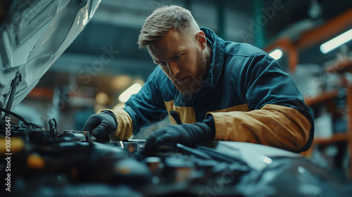 Mechanic in uniform working on engine of open hood of car, garage for repair work