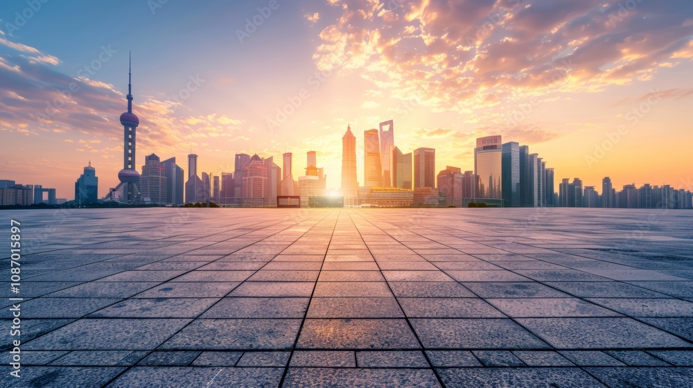 Empty square floor with city skyline background, Urban square with colorful street vendors, vibrant city scene Empty square floor with city skyline background, Urban square with colorful street vendors, vibrant city scene