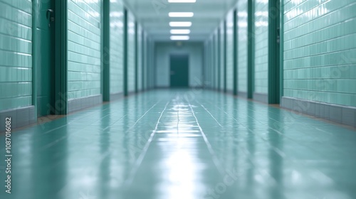 Wallpaper Mural Sunny high school corridor balcony, vibrant anime style, inviting atmosphere, minimalist design, open and airy space, perfect for student interactions and creativity. Torontodigital.ca