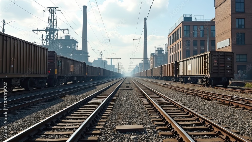 Trains Lined up on Railway Tracks Near Industrial Buildings in a Quiet Urban Area During Daylight Trains Lined up on Railway Tracks Near Industrial Buildings in a Quiet Urban Area During Daylight