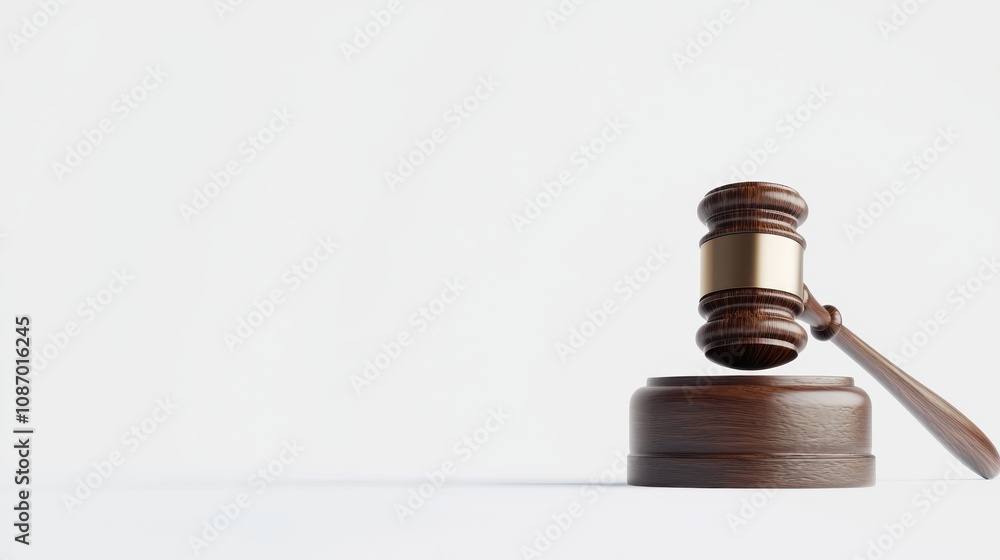 Isolated view of a wooden gavel on its podium against a white background with soft shadows, creating a professional, authoritative look. Ideal for commercial use in legal and governmental branding Isolated view of a wooden gavel on its podium against a white background with soft shadows, creating a professional, authoritative look. Ideal for commercial use in legal and governmental branding