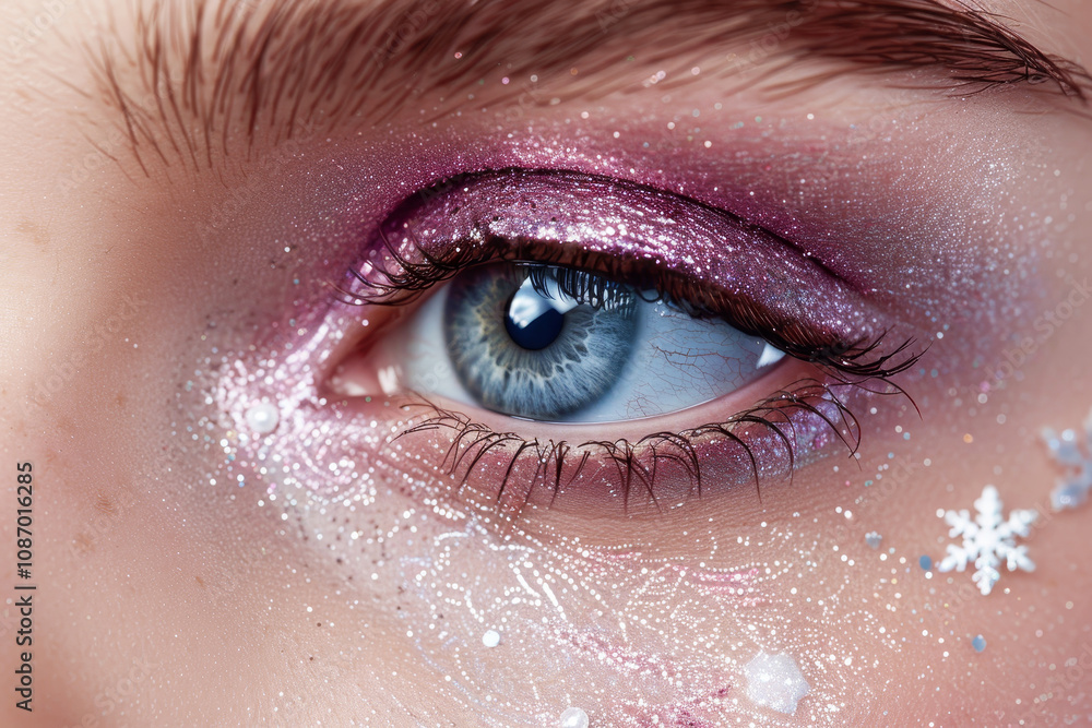 Close up of a festively decorated eye featuring christmas makeup, snowflakes, and colorful eyeshadow Close up of a festively decorated eye featuring christmas makeup, snowflakes, and colorful eyeshadow