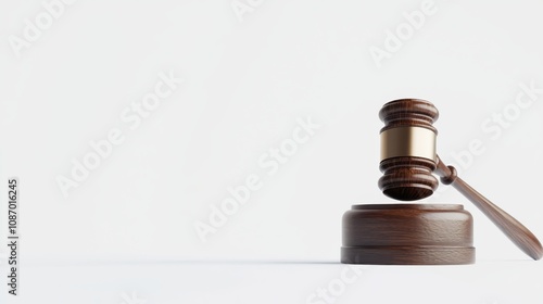 Isolated view of a wooden gavel on its podium against a white background with soft shadows, creating a professional, authoritative look. Ideal for commercial use in legal and governmental branding photo