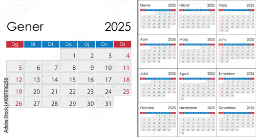 Calendar 2025 on Catalan language, week start on Sunday