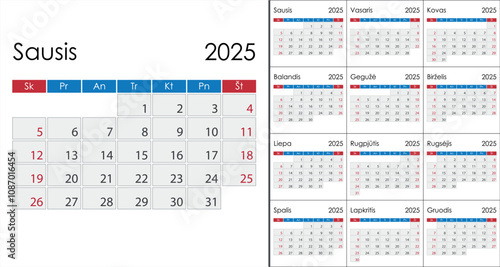 Calendar 2025 on Lithuanian language, week start on Sunday