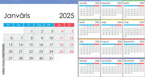 Calendar 2025 on Latvian language, week start on Monday