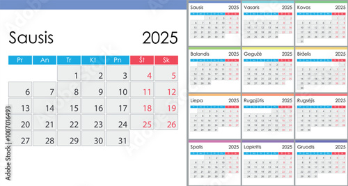 Calendar 2025 on Lithuanian language, week start on Monday