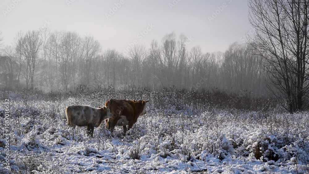 Cow with calf stand still in pasture in snow, move ears and listen surrounding, snowy landscape Cow with calf stand still in pasture in snow, move ears and listen surrounding, snowy landscape