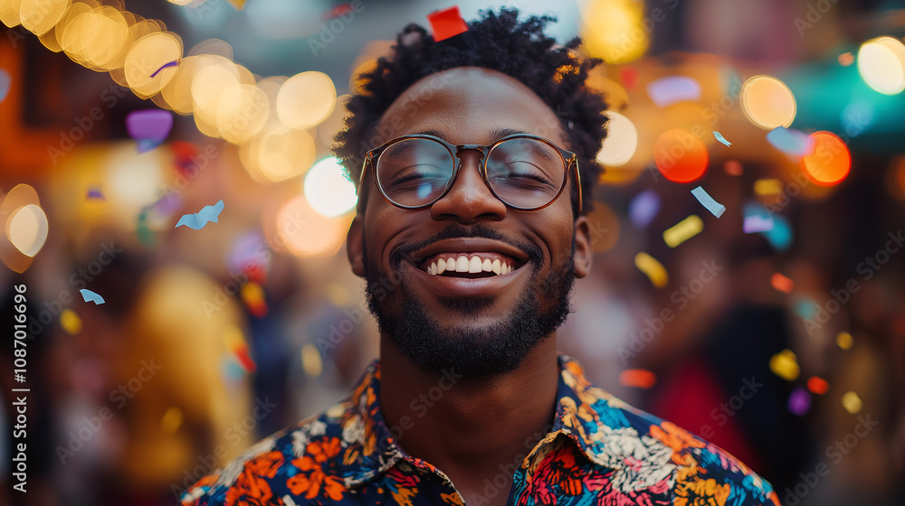 black man celebrating carnival, confetti flying, festive feeling black man celebrating carnival, confetti flying, festive feeling