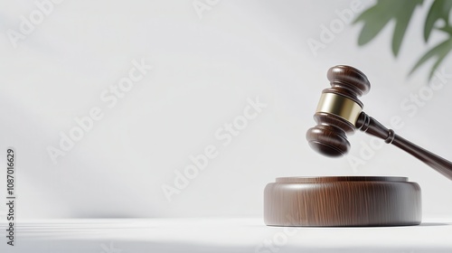 Isolated view of a wooden gavel on its podium against a white background with soft shadows, creating a professional, authoritative look. Ideal for commercial use in legal and governmental branding photo