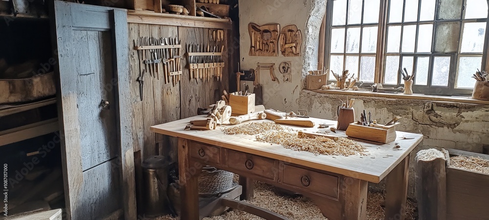 A Rustic Carpenter's Workshop: Tools, Wood, and Sunlight A Rustic Carpenter's Workshop: Tools, Wood, and Sunlight