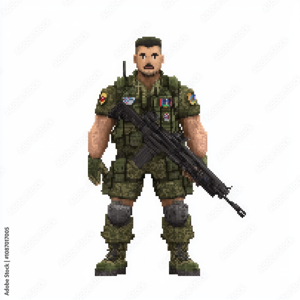 Fototapeta premium Pixelated NPC Soldier in Tactical Gear with Rifle on White Background