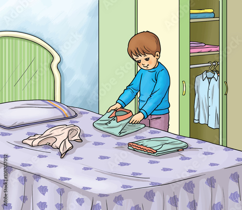 Tidy little boy folding clean laundry.