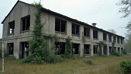 Abandoned Concrete Building Overgrown With Vegetation Near a Quiet Rural Area in the Early Morning Fog