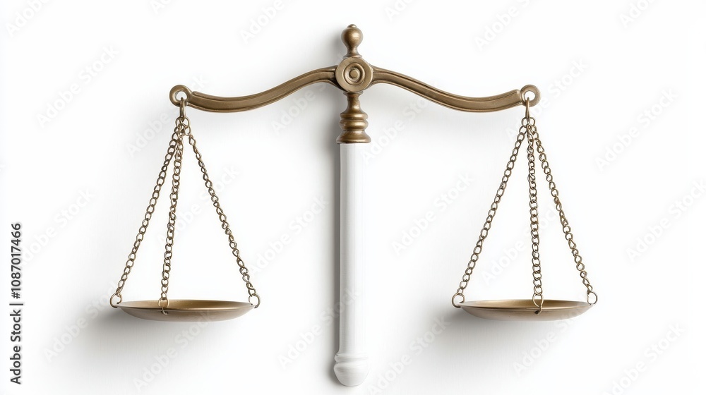 Top-down view of a balanced legal scale on a white background, focusing on the scales symmetry and craftsmanship. Top-down view of a balanced legal scale on a white background, focusing on the scales symmetry and craftsmanship.