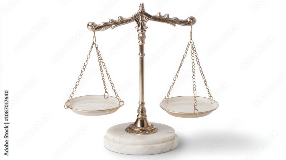 Wide-angle view of a balanced legal scale on a white background with space for text, suitable for banner and advertisement use Wide-angle view of a balanced legal scale on a white background with space for text, suitable for banner and advertisement use