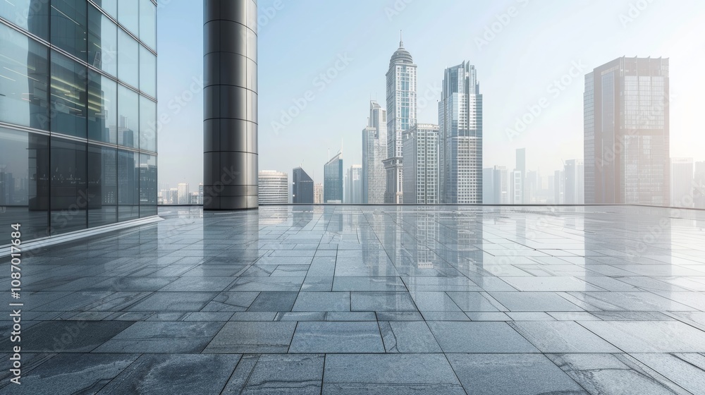 Fototapeta premium Empty square floor with city skyline background, City skyline with bustling financial district, dynamic urban landscape