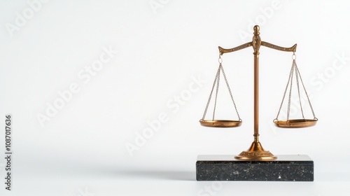 Wide-angle view of a balanced legal scale on a white background with space for text, suitable for banner and advertisement use