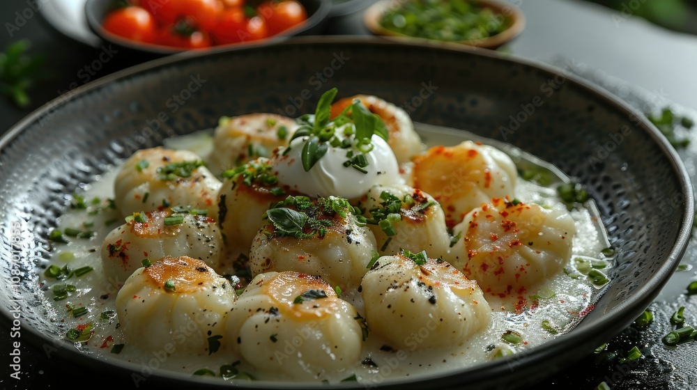 Close-up of a plate of dumplings with a creamy sauce, topped with chives and a dollop of sour cream. Close-up of a plate of dumplings with a creamy sauce, topped with chives and a dollop of sour cream.