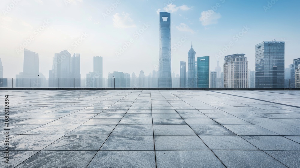 Empty square floor with city skyline background, City skyline with bustling financial district, dynamic urban landscape Empty square floor with city skyline background, City skyline with bustling financial district, dynamic urban landscape