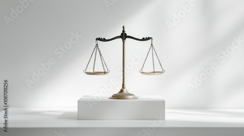 Front view of a balanced legal scale on a white background, with shadows adding depth to the composition