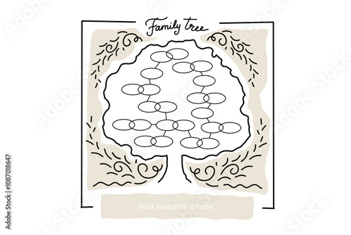 Tree Shape, Family Tree. Outline 2d vector image. Wall decor.