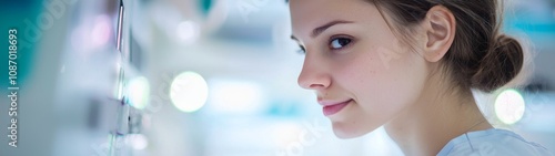 Radiology technician examining mammography images, focused on details, showcasing dedication to patient care and advanced imaging technology in a clinical setting photo