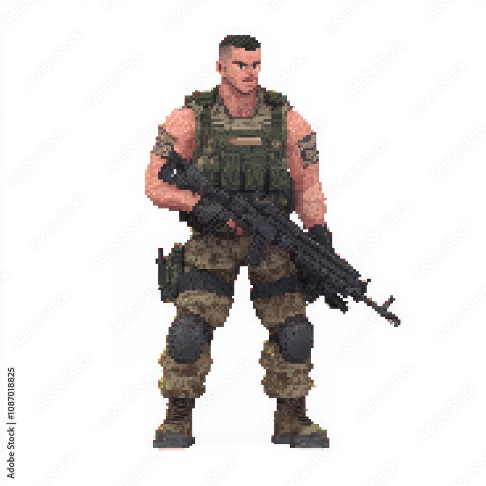 Fototapeta premium Pixelated NPC Soldier Character in Tactical Gear with Rifle on a White Background
