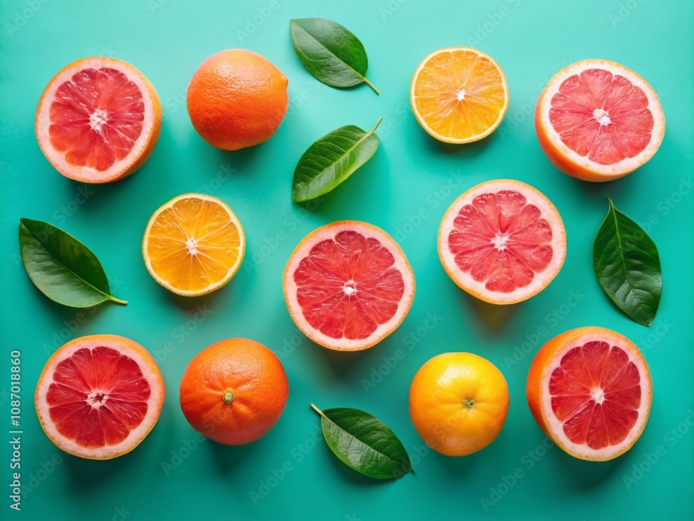 Fresh Grapefruit and Juicy Slices on a Colorful Background - Creative Summer Flat Lay with Copy Space for a Refreshing Citrus Concept Fresh Grapefruit and Juicy Slices on a Colorful Background - Creative Summer Flat Lay with Copy Space for a Refreshing Citrus Concept