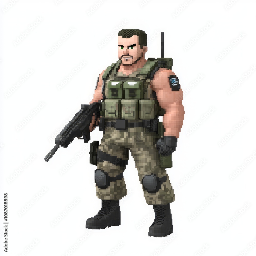 Digital Soldier: 8-Bit Style NPC Male Character Model in Tactical Gear with Rifle on White Background Digital Soldier: 8-Bit Style NPC Male Character Model in Tactical Gear with Rifle on White Background