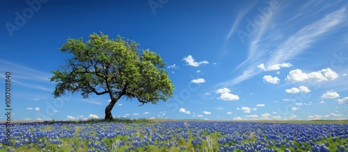 Lone Oak Tree in a Field of Bluebonnets under a Blue Sky