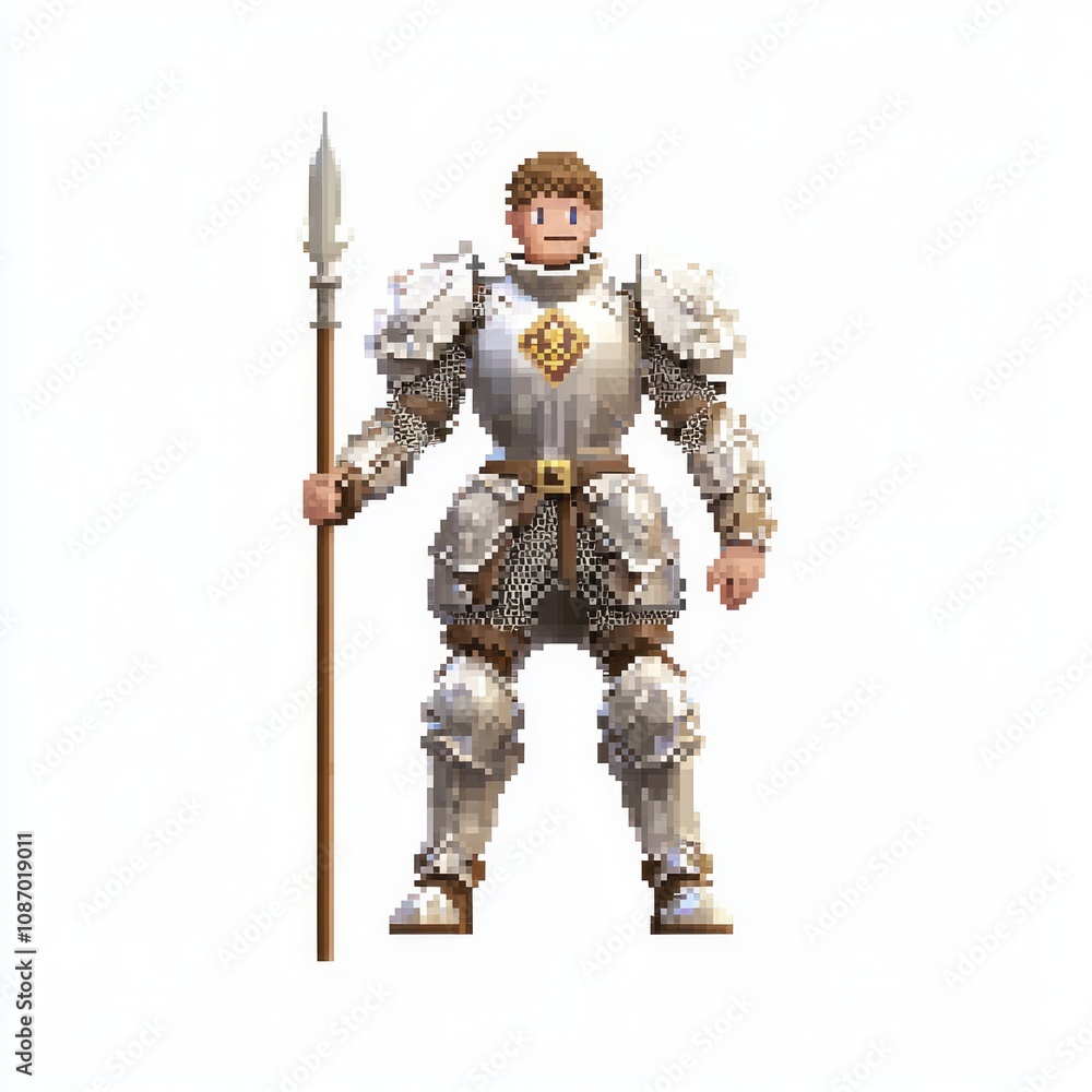 Pixelated Brave Knight in Shining Armor - 8-Bit Style NPC Male Character Model Ready for Battle on Isolated White Background Pixelated Brave Knight in Shining Armor - 8-Bit Style NPC Male Character Model Ready for Battle on Isolated White Background